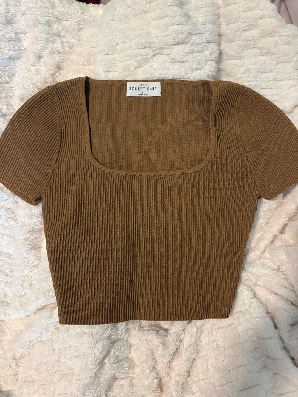 Babaton Sculpt Knit Ribbed Square-Neck Crop Top — Brown